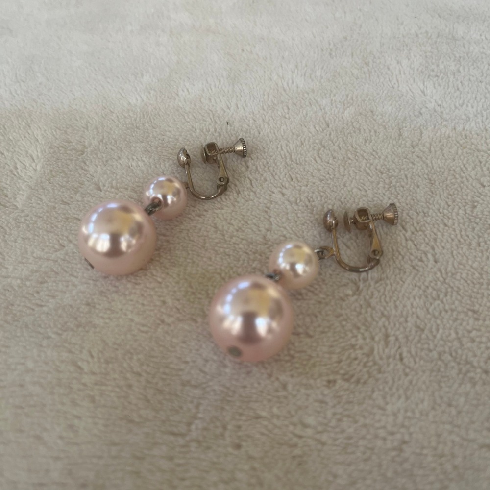 Vintage Pink Double Faux Pearl Drop Earrings Screw‎ Back Non Pierced 0252J